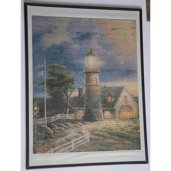 NWOT Thomas Kinkade lighthouse framed jigsaw puzzle wall decor hanging - Picture 3 of 8